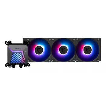 Viss vienā šķidruma dzesētājs MSI MAG Coreliquid A15 360 — 3x 120 mm ventilatori, radiators 394 x 120 x 27 mm, sūknis 5V, RGB, atbalsta LGA 1851