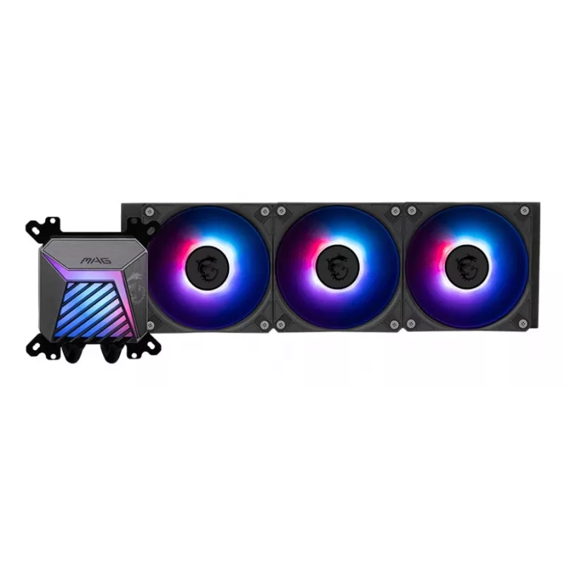 Viss vienā šķidruma dzesētājs MSI MAG Coreliquid A15 360 — 3x 120 mm ventilatori, radiators 394 x 120 x 27 mm, sūknis 5V, RGB, atbalsta LGA 1851