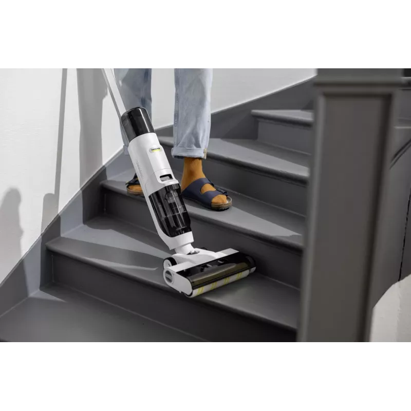 Grīdas mazgāšanas putekļsūcējs Karcher FCV2 Natural N 1.056-101.0 — akumulators 21,6 V, darbības laiks 25 min, 160 W, sausā un slapjā tīrīšana, bez maisiņa, LED displejs