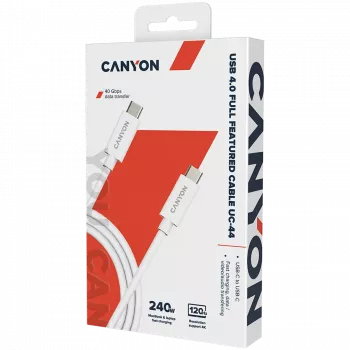 CANYON UC-44, kabelis, U4-CC-5A1M-E, USB4 TYPE-C uz TYPE-C kabeļa komplekts 40G 1m 5A 240W(ERP) ar E-MARK, CE, ROHS, balts