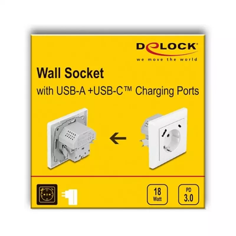 DeLOCK 11499 kontaktligzda Type F ar USB A un USB C, balta