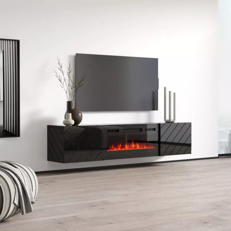 TV skapītis cama meble LUXE 301126 ar iebūvētu elektrisko kamīnu, 182,6×34,5×37,5 cm, melns spīdīgs