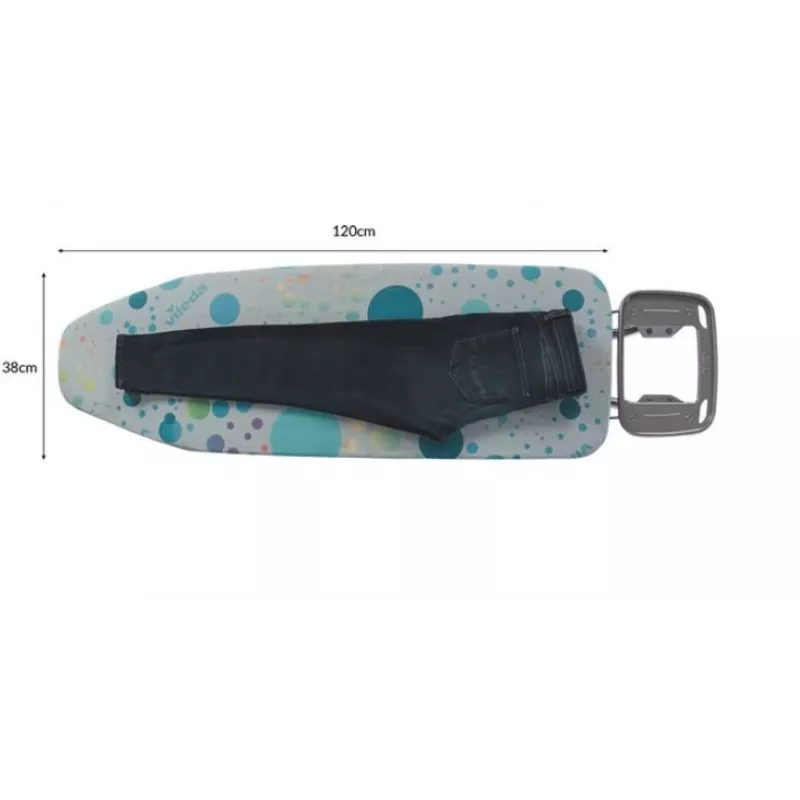 Pilna izmēra gludināmais dēlis Vileda 4023103218932 — pilna izmēra, nerūsējošā tērauda kājas, 1200×380 mm dēlis, augstums 75–96 cm, salokāms, gludekļa turētājs