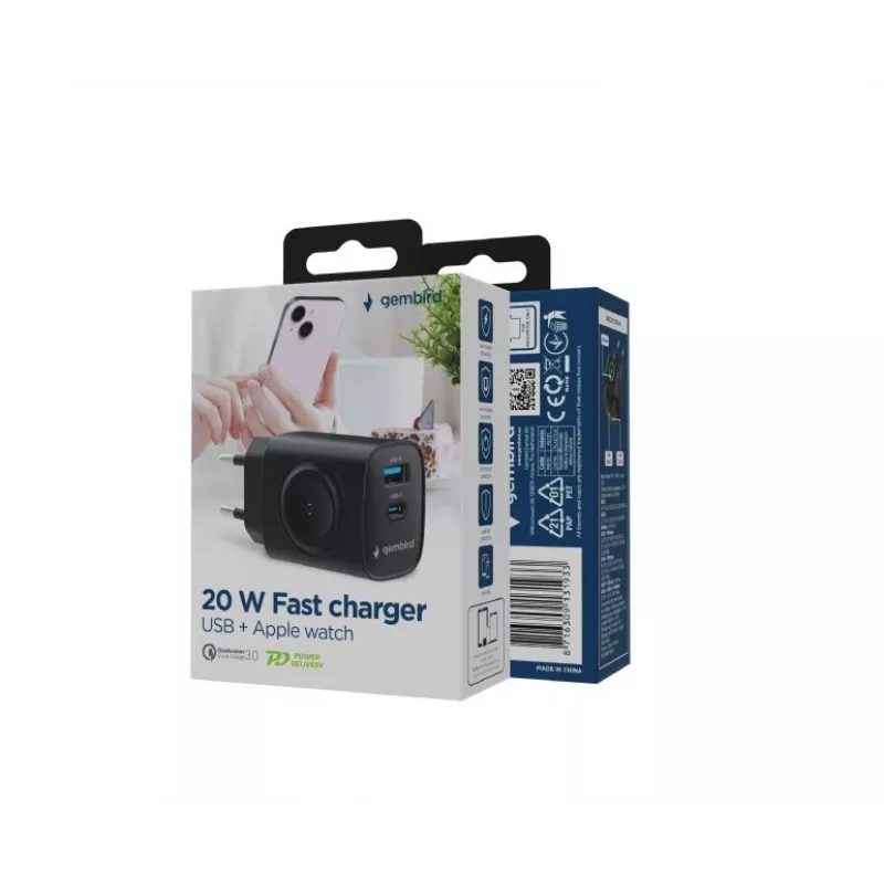USB-A USB-C lādētājs 20W PowerDelivery Quick Charge 3.0, melns
