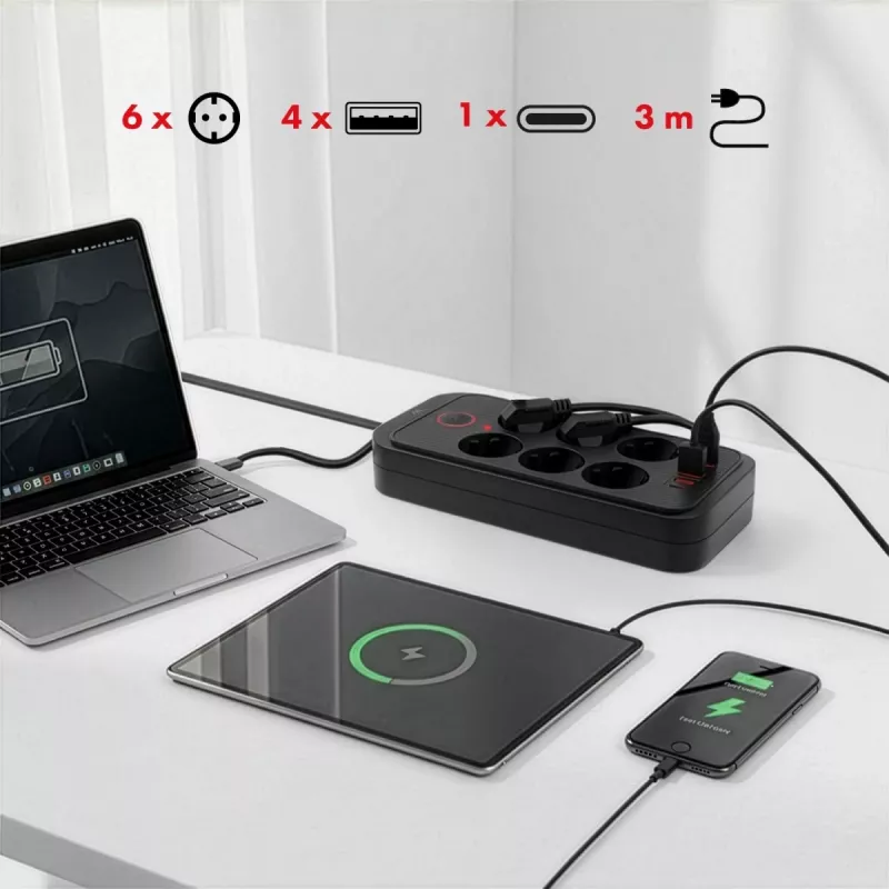 Strāvas sadalītājs MACLEAN MCE391 B – 6 rozetes, 4×USB-A + 1×USB-C, 110–240V, 2500W, 3 m kabelis, melns