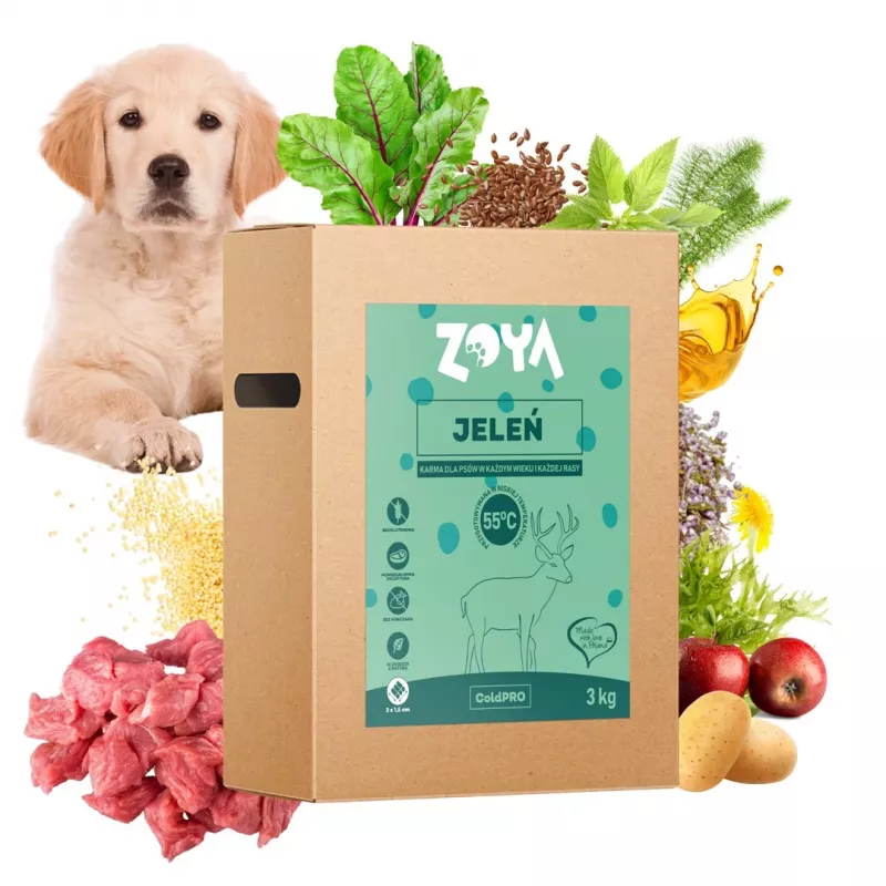 Sausā suņu barība ZOYA ColdPRO Deer 3 kg — pieaugušiem suņiem, ierobežotu sastāvdaļu brieža gaļas formula, 26% olbaltumvielu, 9,5% tauku