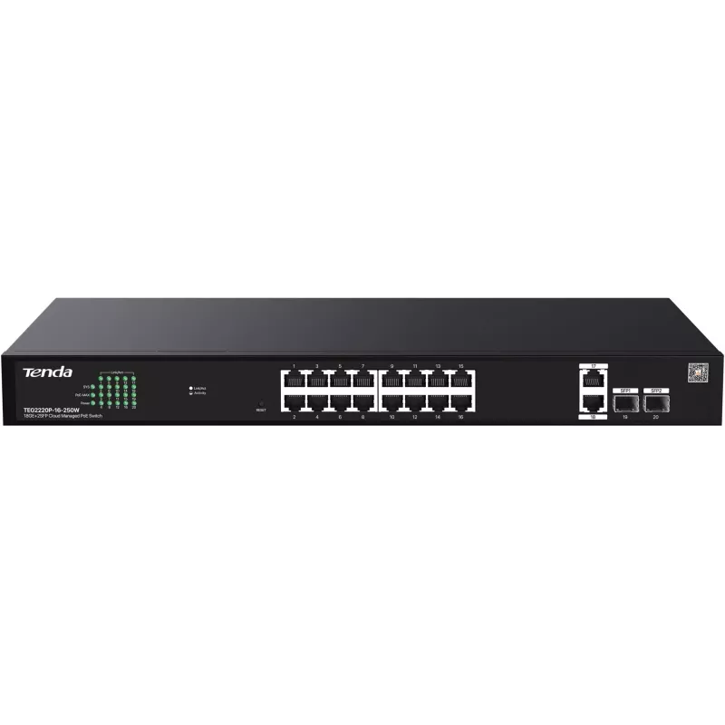 Slēdzis TENDA TEG2220P-16-250W — Gigabit Websmart L2 Cloud PoE+ 16×1Gb/s, 230 W