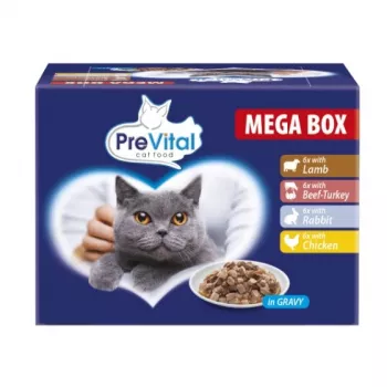 PREVITAL Kaķu barības megakaste ar jēru, liellopu gaļu, truša gaļu un vistu mērcē - mitrā kaķu barība - 24 x 100g