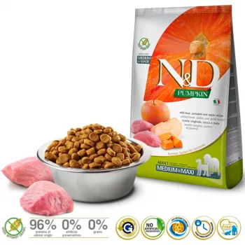 Sausā suņu barība Farmina N&D Pumpkin BOAR & APPLE pieaugušiem vidēju un lielu šķirņu suņiem, 12 kg, bez graudiem, 30% proteīna
