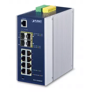 PLANET IGS-12040MT - Slēdzis - Pārvaldīts - 8 x 10/100/1000 + 4 x Gigabit SFP - DIN sliedes stiprinājums, sienas stiprinājums - AC 24 V / DC 12-72 V (IGS-12040MT)