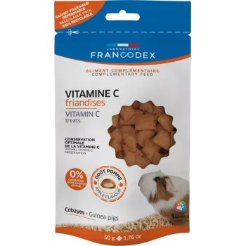 Kārums jūrascūciņām FRANCODEX C vitamīns 50 g — ar augļu garšu, cietā paciņā, 50 g, olbaltumvielas 8%, tauki 27%