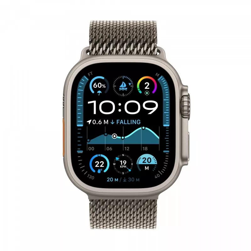 Watch Ultra 2 GPS + Cellular 49 mm dabīga titāna korpuss ar dabīga titāna Milānas cilpu - M
