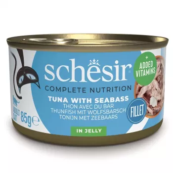 Mitrā kaķu barība Agras Pet Foods Schesir Tuncis ar jūras asari 85 g paciņa, 13% proteīns, 2,5% tauki, 82% mitrums