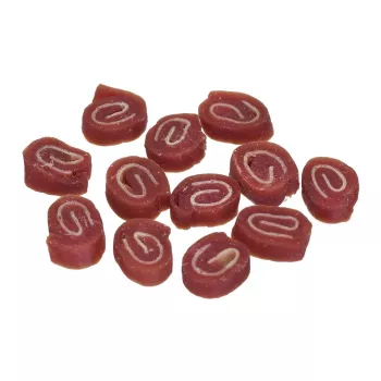 Suņu gardumi PETITTO Sushi ar zivīm un pīli 500 g — mīksti hipoalerģiski dresūras gardumi, olbaltumvielas 26%, mitrums 23%