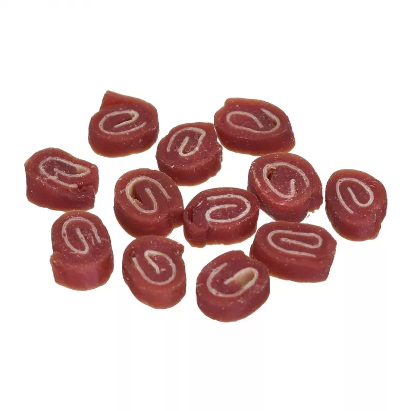 Suņu gardumi PETITTO Sushi ar zivīm un pīli 500 g — mīksti hipoalerģiski dresūras gardumi, olbaltumvielas 26%, mitrums 23%
