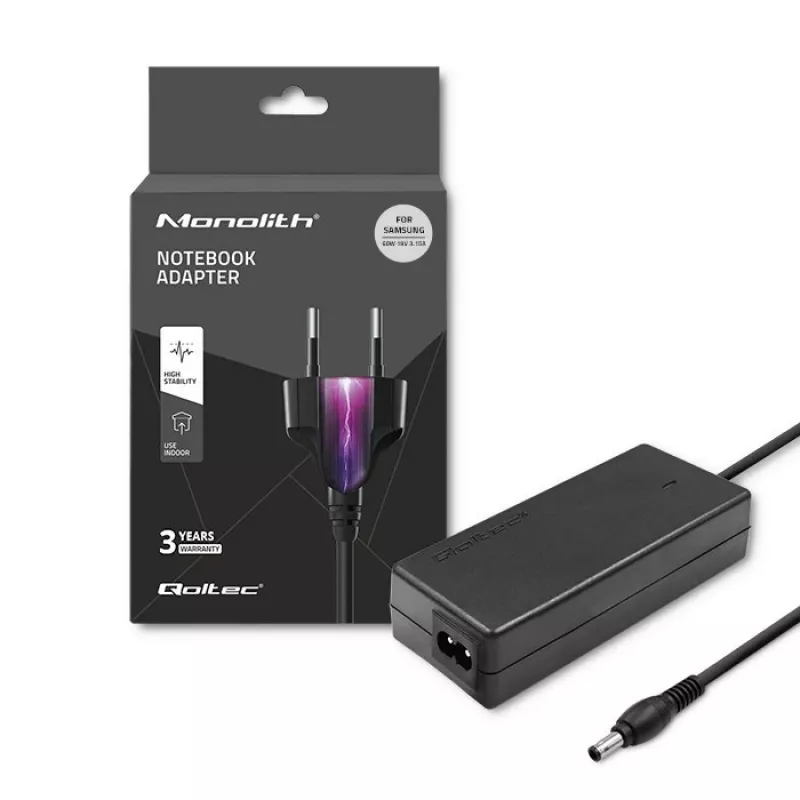 Qoltec 50015.60W Barošanas adapteris Samsung | 60W | 19V | 3,15A | 5,5*3,5+pin | + strāvas kabelis