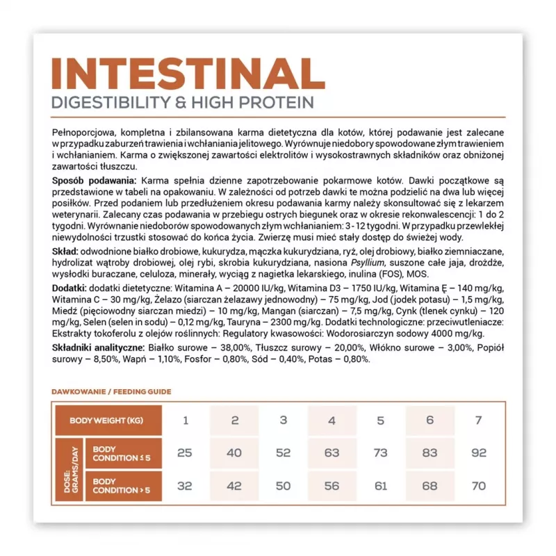 Sausā barība VETEXPERT Veterinary Diet Intestinal kaķiem, 2 kg — mājputnu gaļas, 38% proteīna, 20% tauku, bez lipekļa un sojas
