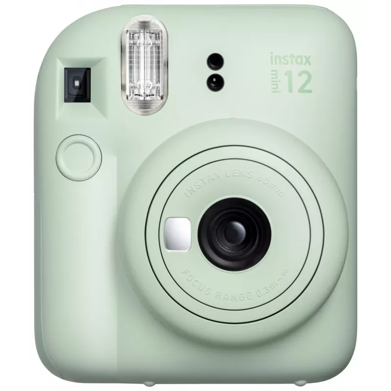 Momentšāvuma kamera Fujifilm Instax Mini 12 Zaļa — attēls 86x54 mm, filmiņa 62x46 mm, 60 mm ekv. fokusa attālums