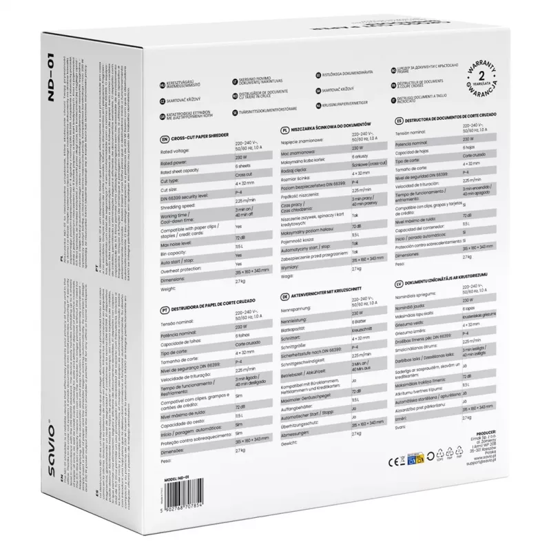 Papīra smalcinātājs SAVIO ND-01, šķērsgriezuma 4 x 32 mm, 11 L tvertne, 230 W, melns, 72 dB