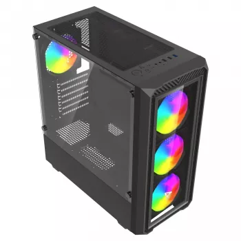 PC kuba korpuss SAVIO Noctis Glass RGB — Melns, ATX/Micro-ATX, 210×410×450 mm, 3×120 mm priekšējie ventilatori