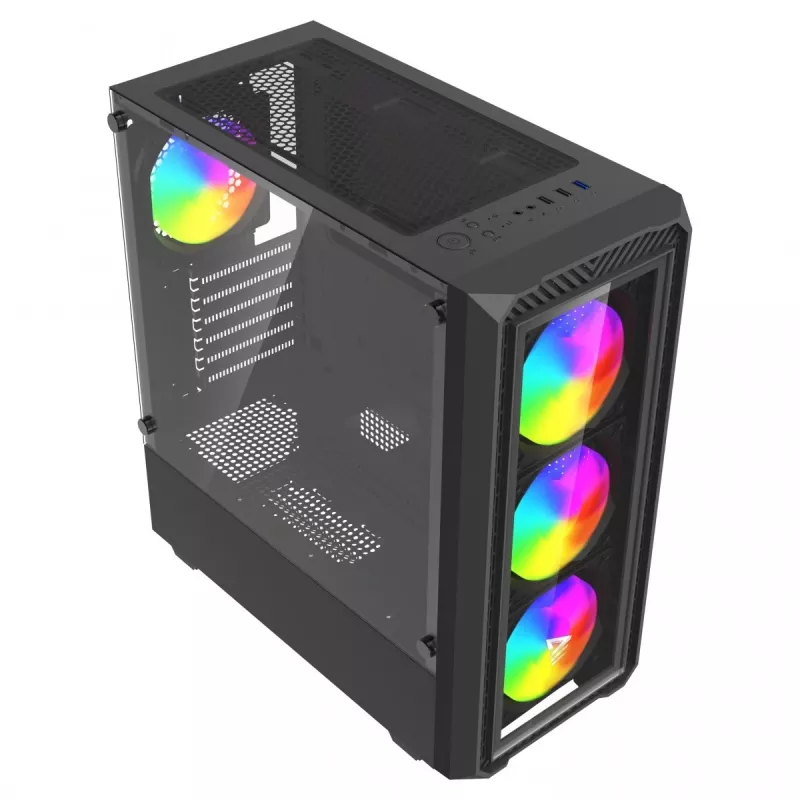 PC kuba korpuss SAVIO Noctis Glass RGB — Melns, ATX/Micro-ATX, 210×410×450 mm, 3×120 mm priekšējie ventilatori