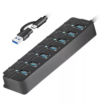 USB 3.2 Gen1 centrmezgls, 7 portu ar ieslēgšanas/izslēgšanas slēdzi, melns