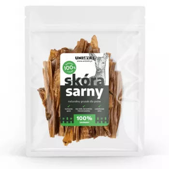 Suņu našķi UNISZKI Deer Skin 100 g – vienas sastāvdaļas brieža ādas košļājamie našķi zobu kopšanai un apmācībai