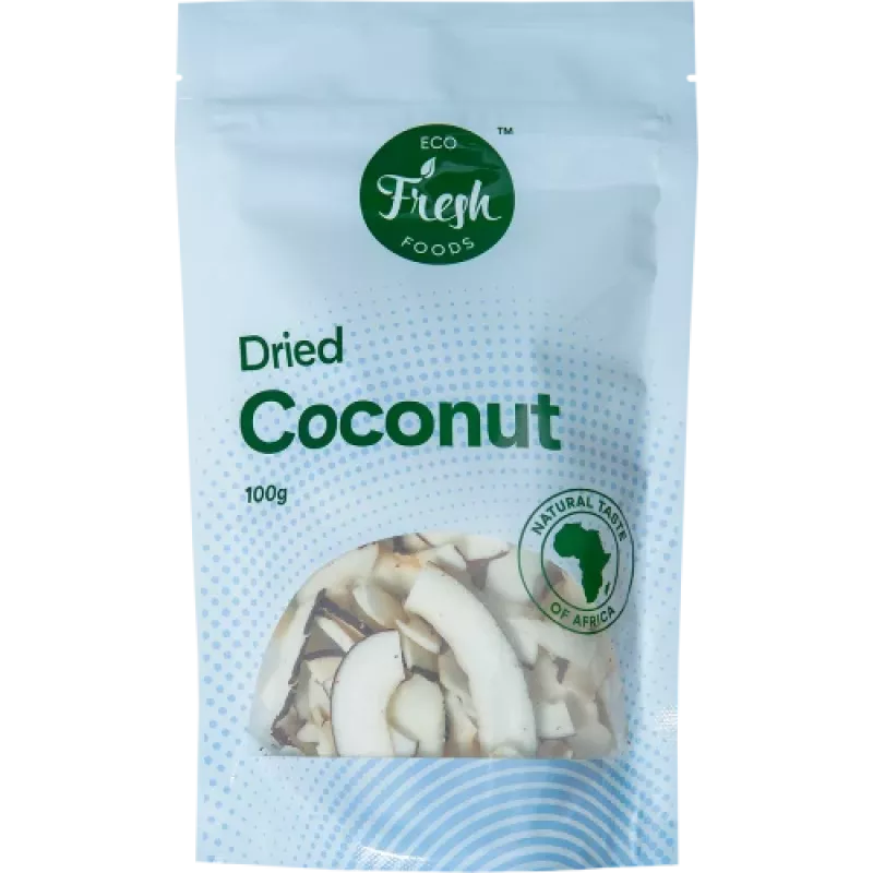 Žāvēts kokosrieksts Eco fresh foods 100 g – smalcināts žāvēts kokosrieksts, 100 g iepakojumā