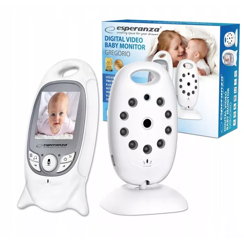 Video bērnu monitors ESPERANZA EHM001 — 2 collu LCD, 320×240 video, nakts redzamība 5 m, temperatūras sensors, darbības rādiuss līdz 260 m, uzlādējams LiPo 540 mAh