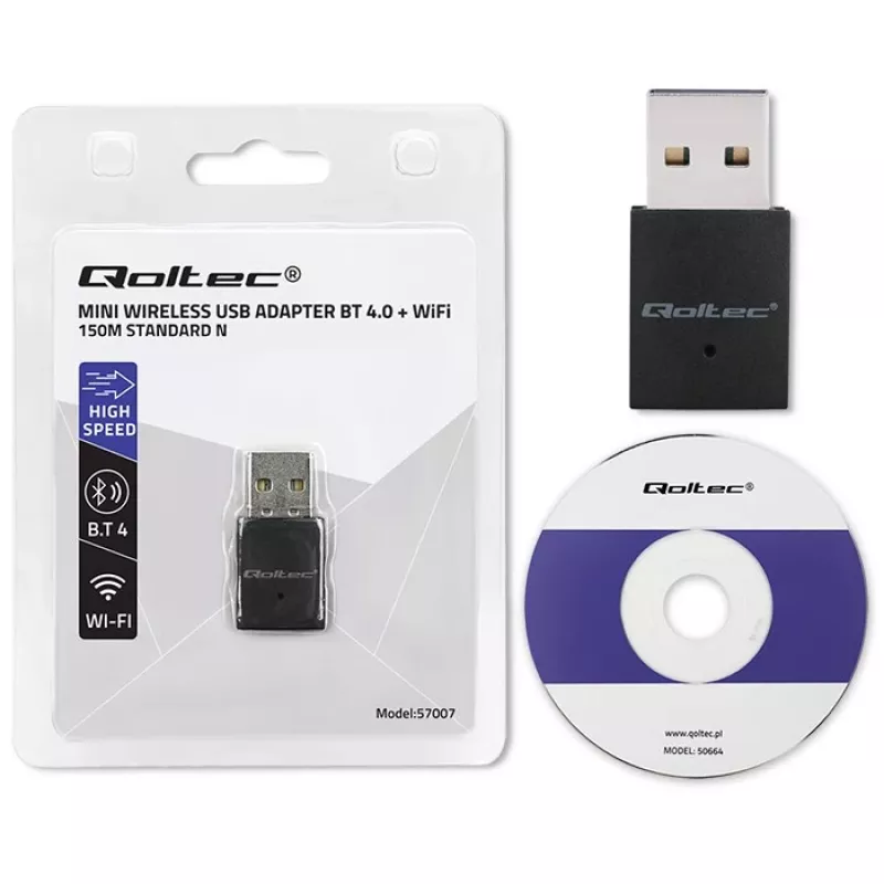 Bezvadu Mini USB Wi‑Fi adapteris QOLTEC 57007 — vienas joslas 2,4 GHz, līdz 150 Mb/s, iekšējā antena