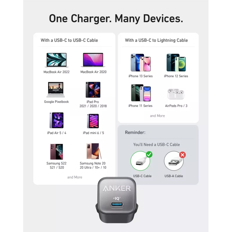 Iekštelpu maiņstrāvas lādētājs Anker 511 Nano 3 — 30W, 1× USB-C, 100–240V, Melns