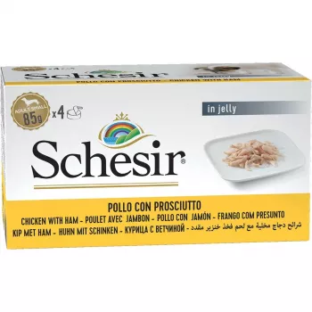 Mitrā suņu barība Agras Pet Foods Schesir vista ar šķiņķi želejā, 4 x 85 g, mitrums 83%, olbaltumvielas 12%
