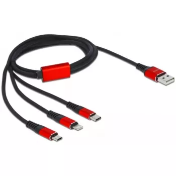 USB uzlādes kabelis DeLOCK 3-in-1 Type-A uz Lightning / 2 x USB Type-C 1 m melns/sarkans