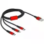 USB uzlādes kabelis DeLOCK 3-in-1 Type-A uz Lightning / 2 x USB Type-C 1 m melns/sarkans