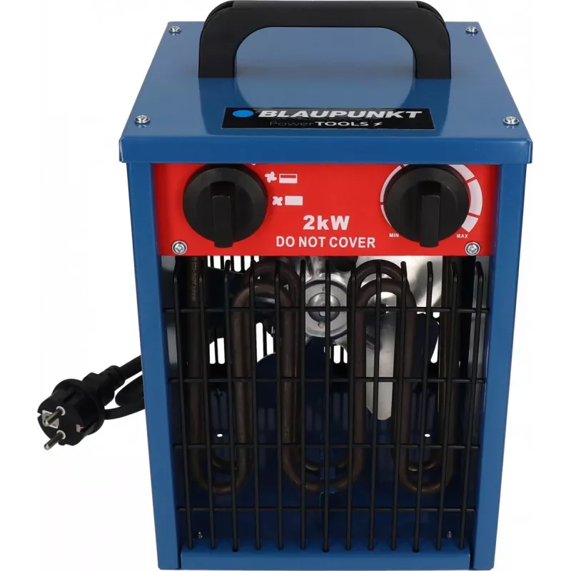 Ventilatora elektriskais telpu sildītājs BLAUPUNKT EH7010 — 2000 W, nerūsējošā tērauda elements, IPX4, grīdas lietošana, līdz 22 m², melns/zils/sarkans