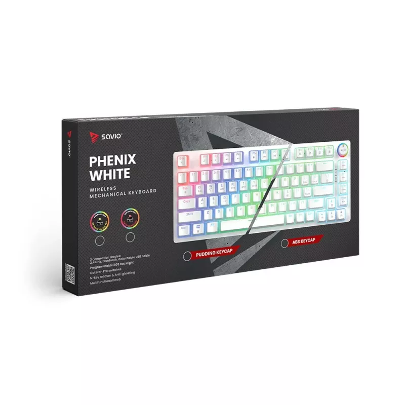 Spēļu klaviatūra Savio Phenix balta GAT RED PUD vadu bezvadu USB Bluetooth RGB LED