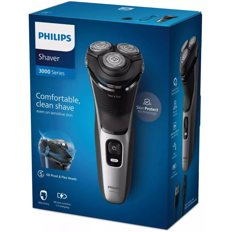 Elektriskais skuveklis Philips 3000 Series S3143/00 — 3 galviņu rotācijas, slapjā un sausā lietošana, Li-Ion, 60 min darbības laiks