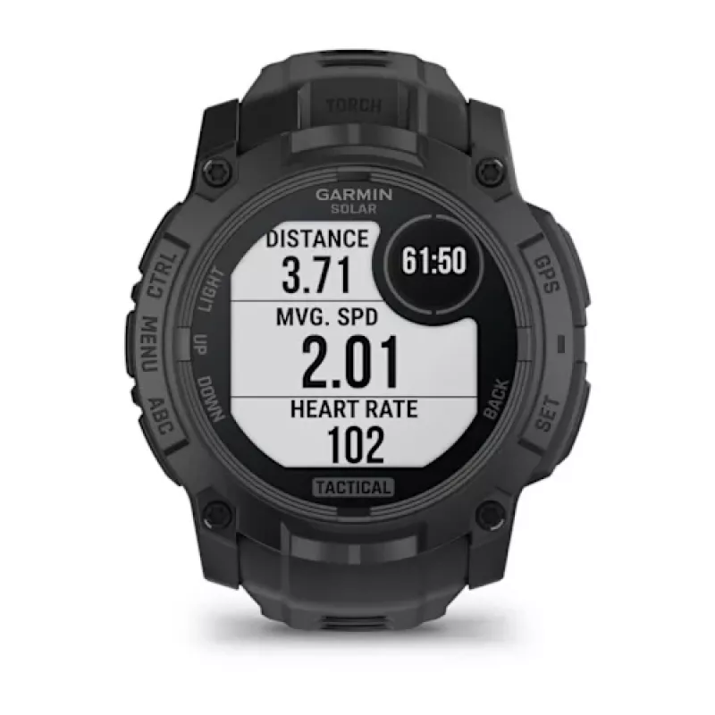 Viedpulkstenis GARMIN Instinct — 45 mm, 3,05 cm (1,2 collas) AMOLED 390×390 skārienjūtīgs, 4 GB, GPS, silikona siksna melna, 53 g