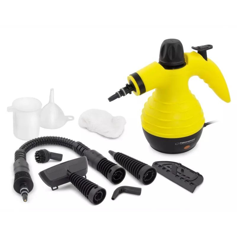 Pārnēsājams tvaika tīrītājs ESPERANZA EHS001 — 0.35 L, 900 W, 3 bar, 115 °C, 40 g/min, komplektā grīdas/mīksto mēbeļu/suku uzgaļi