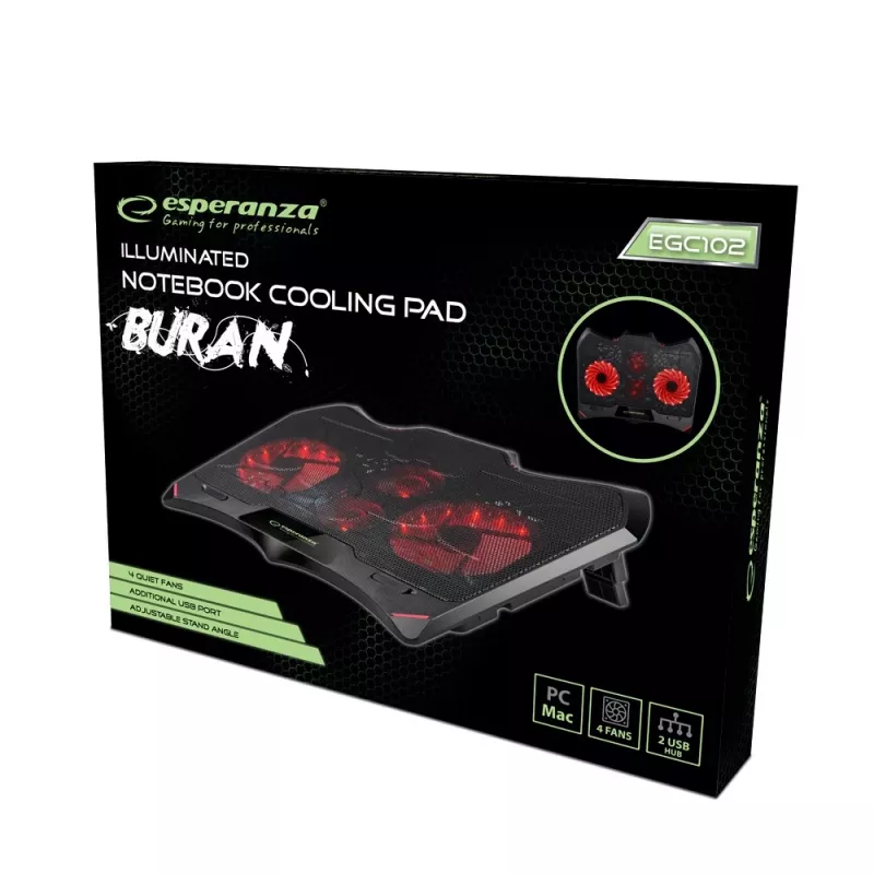 Dzesēšanas paliktnis klēpjdatoram ESPERANZA EGC102 — 4 ventilatori, USB barošana, 2 augstuma pozīcijas, melns, 415×305×27 mm