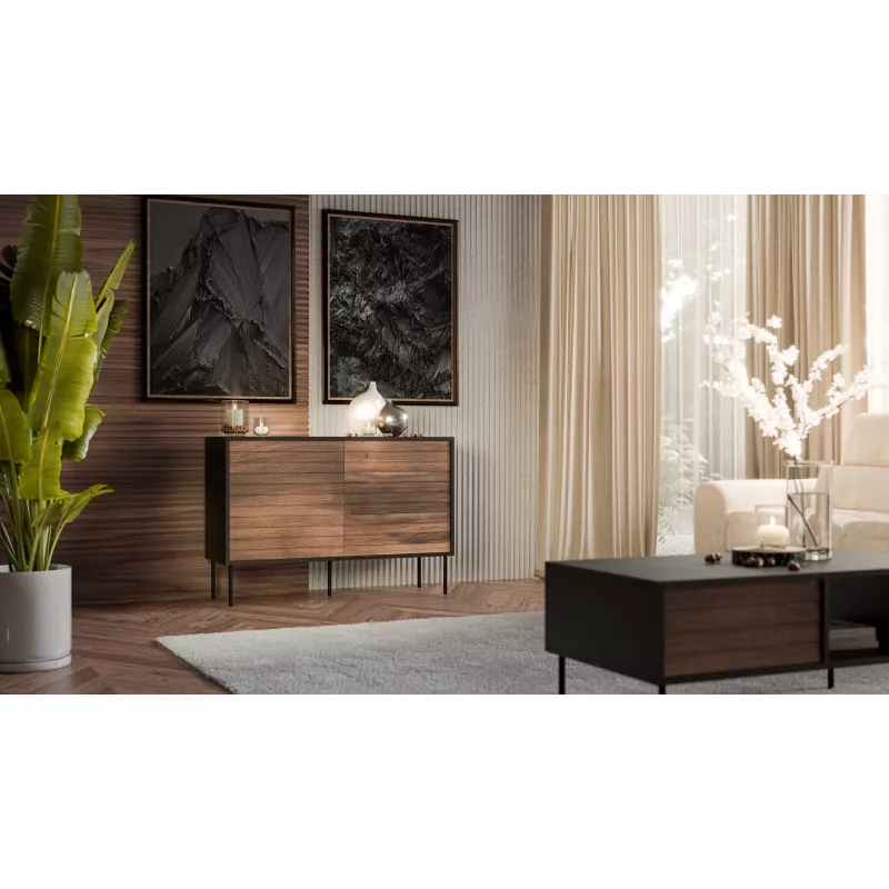 Kumode cama meble CORTINA 1D3S 120x40x81 cm, melna/valrieksta, 3 atvilktnes, skaidu plātne