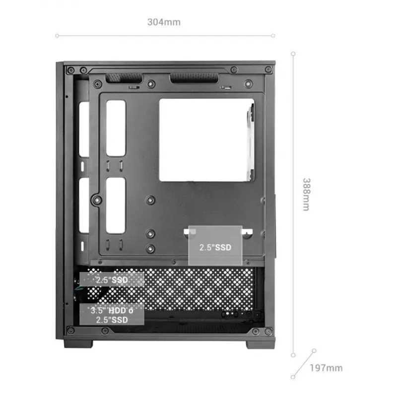 TACENS Mars Gaming MC-SE2 — Mini-ITX / Micro-ATX, melns, sānu logs, apakšā izvietots barošanas bloks, atbalsta 2x2,5 collu + 1x3,5 collu