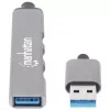 Manhattan USB-A 4-portu centrmezgls, 4x USB-A porti (1x 5 Gbps USB 3.2 Gen1 aka USB 3.0, 3 x 480 Mbps USB 2.0), ar USB barošanu (nav nepieciešams ārējais barošanas avots), alumīnijs