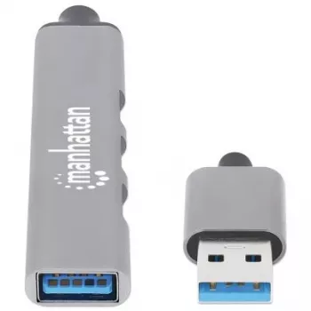 Manhattan USB-A 4-portu centrmezgls, 4x USB-A porti (1x 5 Gbps USB 3.2 Gen1 aka USB 3.0, 3 x 480 Mbps USB 2.0), ar USB barošanu (nav nepieciešams ārējais barošanas avots), alumīnijs