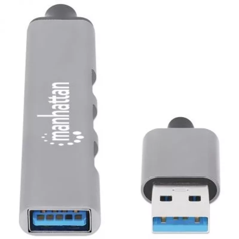 Manhattan USB-A 4-portu centrmezgls, 4x USB-A porti (1x 5 Gbps USB 3.2 Gen1 aka USB 3.0, 3 x 480 Mbps USB 2.0), ar USB barošanu (nav nepieciešams ārējais barošanas avots), alumīnijs
