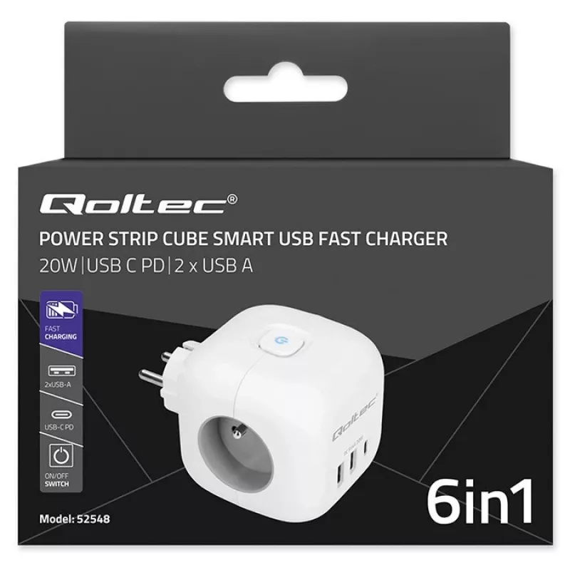 Strāvas sadalītājs QOLTEC 52548 ar 3 maiņstrāvas rozetēm un USB pieslēgvietu