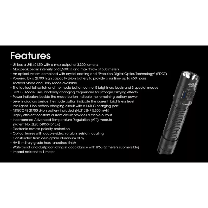 Rokas lukturis Nitecore MH12 Pro melns LED 3300 lm USB uzlādējams 5300 mAh, alumīnijs, 138,5 mm, 81,5 g, ūdensizturīgs 2 m