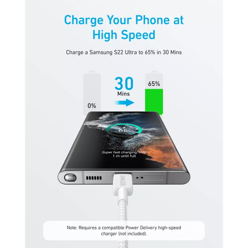 Anker Innovations 322 USB-C uz USB-C kabelis, neilons, 0,9 m, 60 W, balts - kabelis - digitālie/dati (A81F5G21)