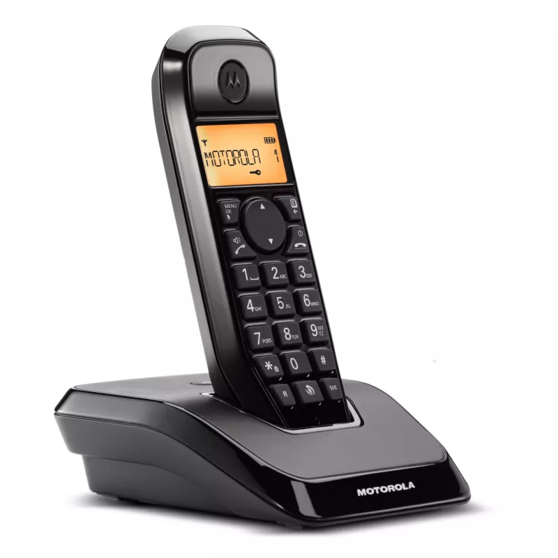 DECT tālrunis Motorola S1201 — bezvadu klausule, skaļrunis, zvanītāja ID, 50 ierakstu tālruņu grāmata, melns