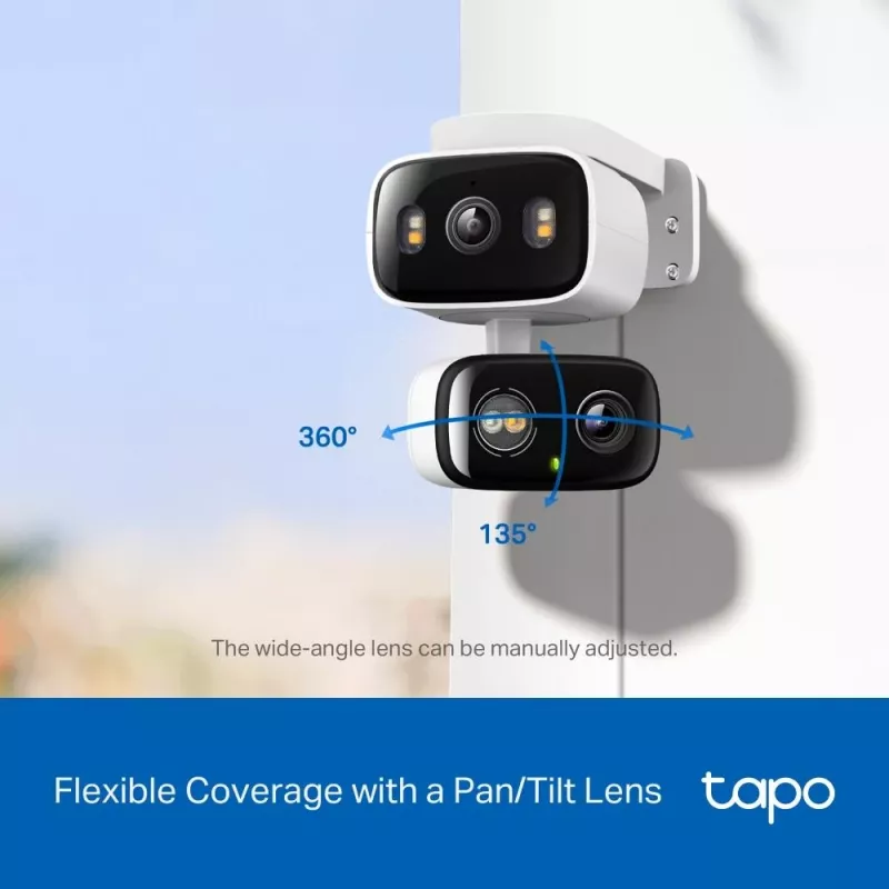 IP drošības kamera TP‑LINK Tapo C246D — 3 MP (2304×1296), 2,8 mm, 107,8° redzes lauks, PTZ divu objektīvu, IP65, Wi‑Fi/Gigabit, microSD līdz 512 GB